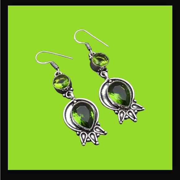 Peridot Handcrafted Drop Dangle Hook Style Earrings 2.32" Long Made In India NWT - Picture 8 of 16